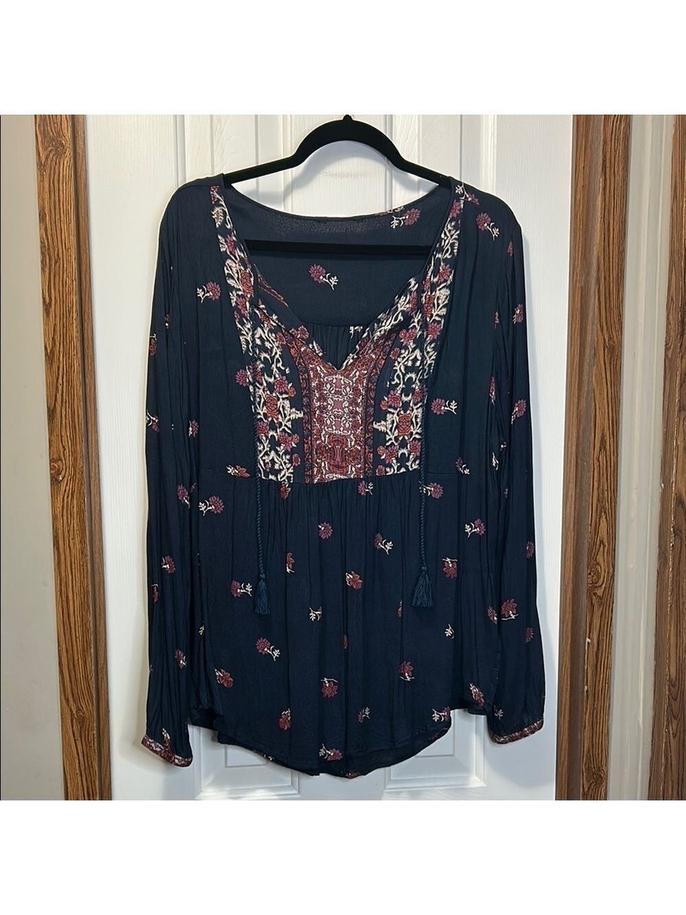 Blue Long Sleeve Embellished Blouse